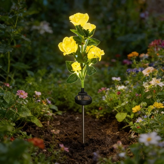 LED Solar Rose Lights Outdoor - Decorative Flower Stake Lights for Garden, Patio, Yard & Cemetery, IP65 Waterproof Artificial Rose Lamp, Solar-Powered Pathway Lighting, Warm Glow, Blue 1PC