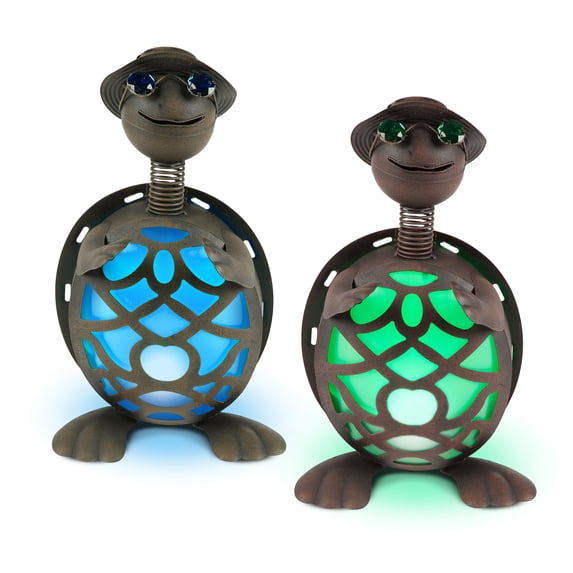 LED Solar Turtles with Brown Rustic Finish and Gem Eyes. Green and Blue Color Measuring 8.75 in X 7 in X 14.5 in. Rechargeable AAA Battery (1). Set of 2.