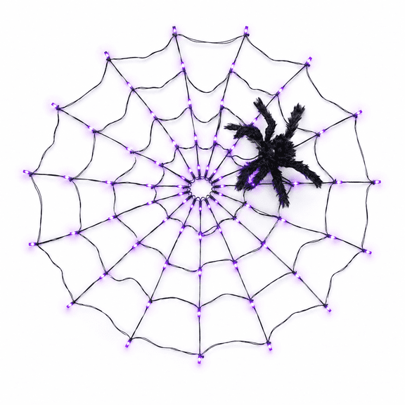 70 LED Spider Web Halloween Light - 3.28 ft Battery-Powered Purple Web with Remote, Timer, 8 Modes, and Furry Spider