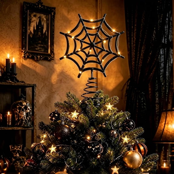 LED Spider-Web Tree Topper, Metal Black Halloween Ornament with Lights, Indoor Decor