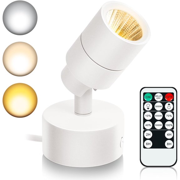 LED Spot Lights Indoor, 5W Uplighting with Remote Control Dimmable & Timer, Uplights Indoor Floor Spotlights with 3 CCT, Accent Lighting Stick on Wall Light for Plants Picture Artwork, White