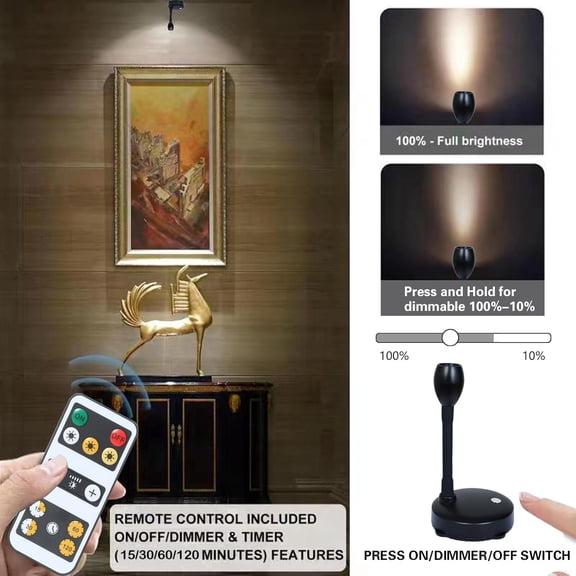 LED Spotlight, Battery Powered Picture Lights, Uplighting Indoor, 3 Lighting Modes Puck Lights with Remote, 360Rotation Small Spot Light for Wall Display Painting Artwork-2Pack