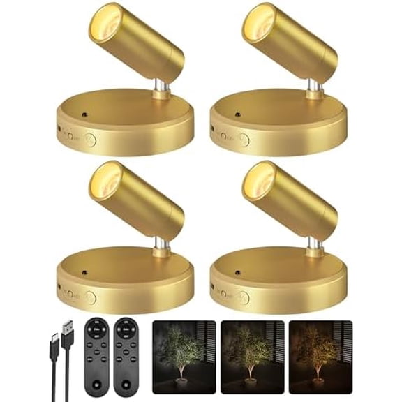 LED Spotlight Indoor, 5500mAh Rechargeable Battery Uplighting Indoor, Wireless Mini Art Accent Spot Lights with Remote, for Plants, Display, Painting, Artwork, Portrait (4Pack-Gold)