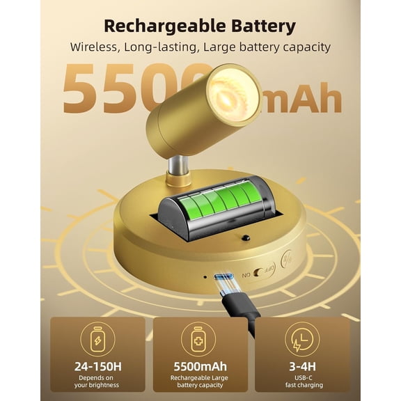 LED Spotlight Indoor, 5500mAh Rechargeable Battery Uplighting Indoor, Wireless Mini Art Accent Spot Lights with Remote, for Plants Display Painting Dartboard Artwork Portrait Closet(4Pack-Gold)