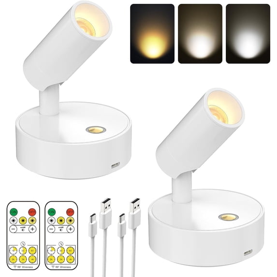 LED Spotlight Indoor, Rechargeable Battery Uplighting Indoor with Timer&Dimmable Remote, 3CCT Picture Lights for Wall, Wireless Accent Light for Plants Artwork Painting, 2 Pack White