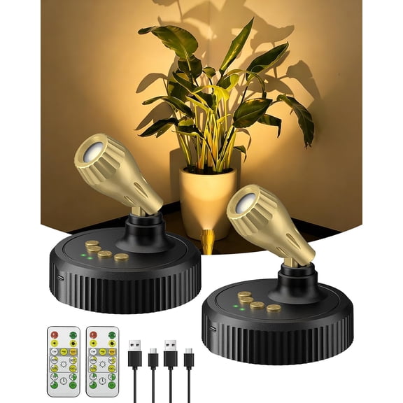 LED Spotlights Indoor with Remote | 6500mAh Rechargeable Battery Wireless Plant Light Indoor - Uplights with Timer & Remote Dimmable - Easy Install for Home Decor, Artwork, Plants (2 Pack)