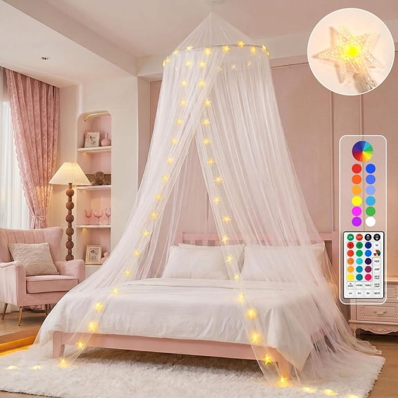LED Star Light Bed Canopy, Princess Dome Curtain with 18Color Remote & Timer, Fits TwinKing, Pink