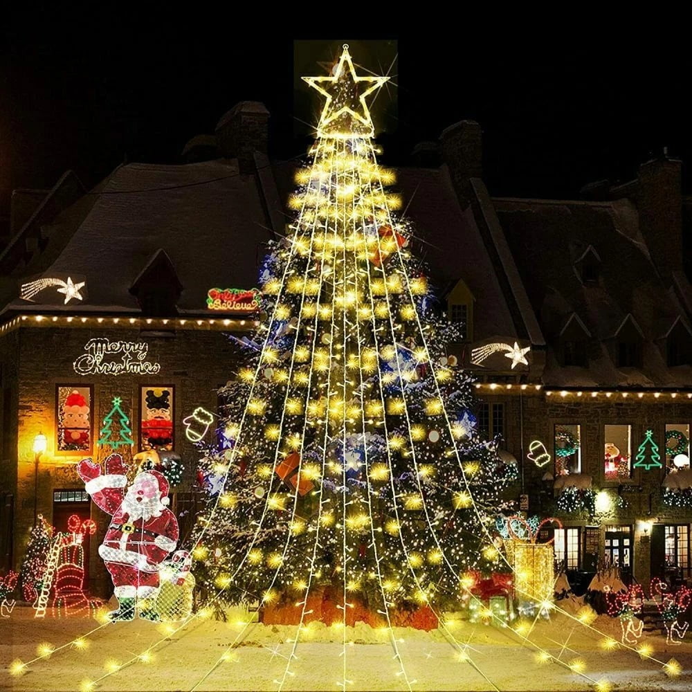 LED Star Waterfall Solar Light Christmas Tree 11ft 350 LED Fairy String Lights with Remote Control Outdoor Waterproof Holiday Decoration Solar Powered Christmas Tree Lights for Yard, Garden, Patio