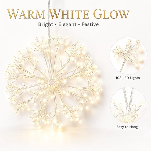 LED Starburst Christmas Tree Hanging Light, Warm White Firework Bead Fairy Light, 11.8 Inch Plug-in Radial Burst String Light for Xmas Tree Holiday Party Home Indoor Decor