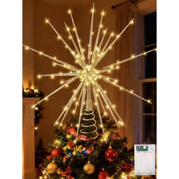LED Starburst Christmas Tree Topper, Golden Twinkling Star Light for Holiday Decor, 16 Inch, Battery Operated