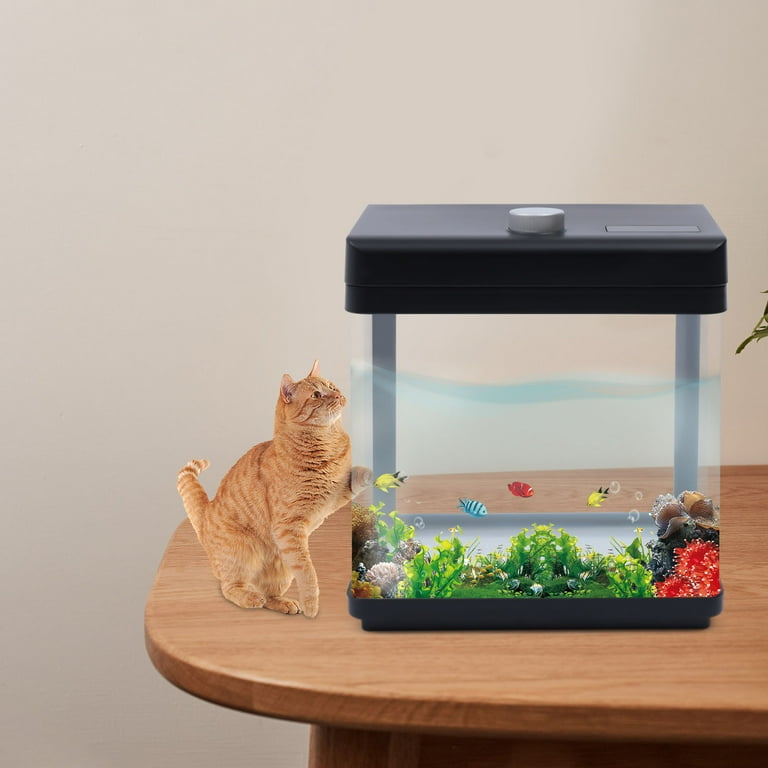 LED Starter Aquarium Kit 2.5 Gallons Small Fish Tank with Filter and 7 Color Changing Light Fish Jellyfish Tank Kit Office Home Decor Black