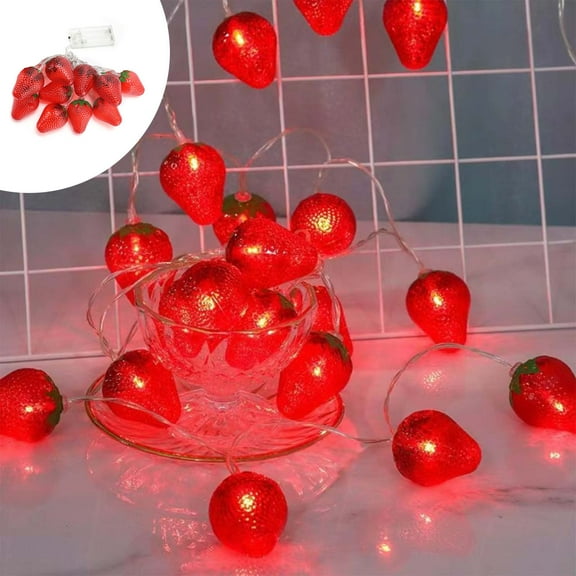 LED Strawberry String Lights 59in | Battery Powered Party Decor | 10 Warm White LEDs Fruit Shape | Plastic Red Fairy Lights for Birthday, Ambient, Indoor Outdoor Scene