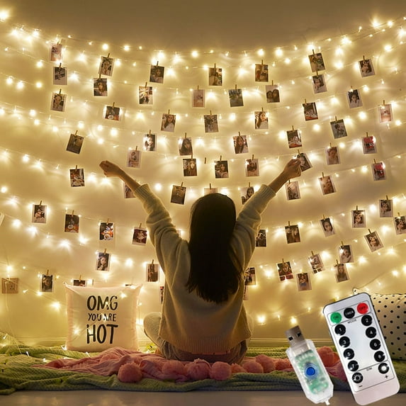 LED String Lights 2M/5M/10M Photo Clip Fairy Lights Outdoor USB Battery Operated Christmas Tree Garland Decoration Wedding Decor (Warm white,5M 50Leds 30 clips)