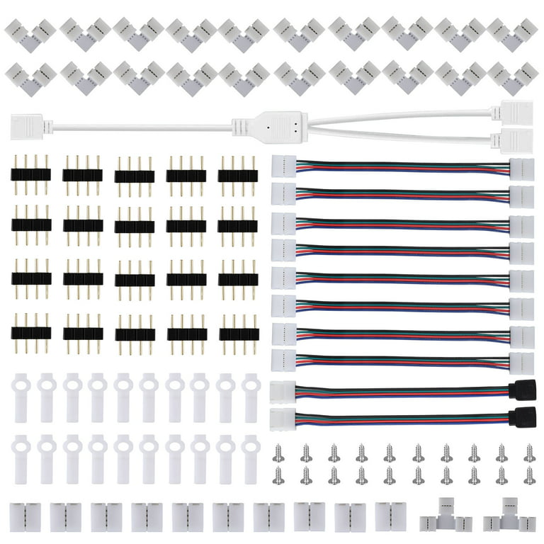 LED Strip Connector Accessory Kit - 5050 10mm 4Pin RGB LED Connectors,  Includes 20x Wire Clips, 12x Gapless Connectors, 6x L Shape Connectors, 2x  Open Pry Tools