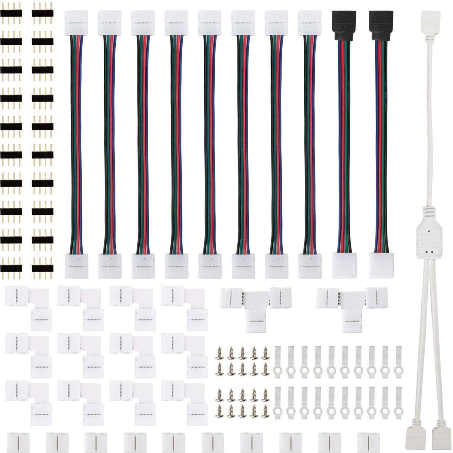 LED Strip Connector Kit for 5050 10mm 4Pin Includes RGB Splitter Cable, RGB Extension Cable, LED Strip Jumper, T and L Shape Connector