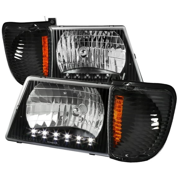 LED Strip Factory Headlights and Corner Lights (Matte Black Housing/Clear Lens) Made for and Compatible with 1992-2006 Ford Econoline E-Series