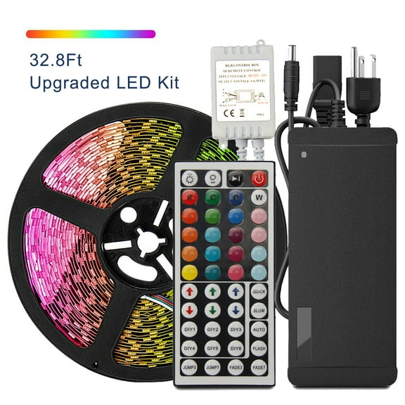 LED Strip Light - 32.8 Ft 5050 RGB 300LEDs Non-waterproof Color Changing Full Kit with 44 Keys IR Remote Controller 24V 3A Power Supply for Holiday Party Decoration