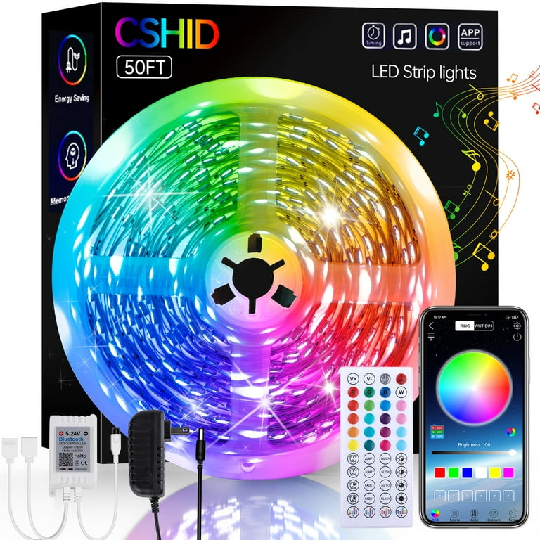 LED Strip Light, 50ft/15m Smart RGB Tape Rope Light 5050 SMD 600LEDs Sync Music Light 16 Million Colors Changing Bluetooth App Control w/ 40-Key