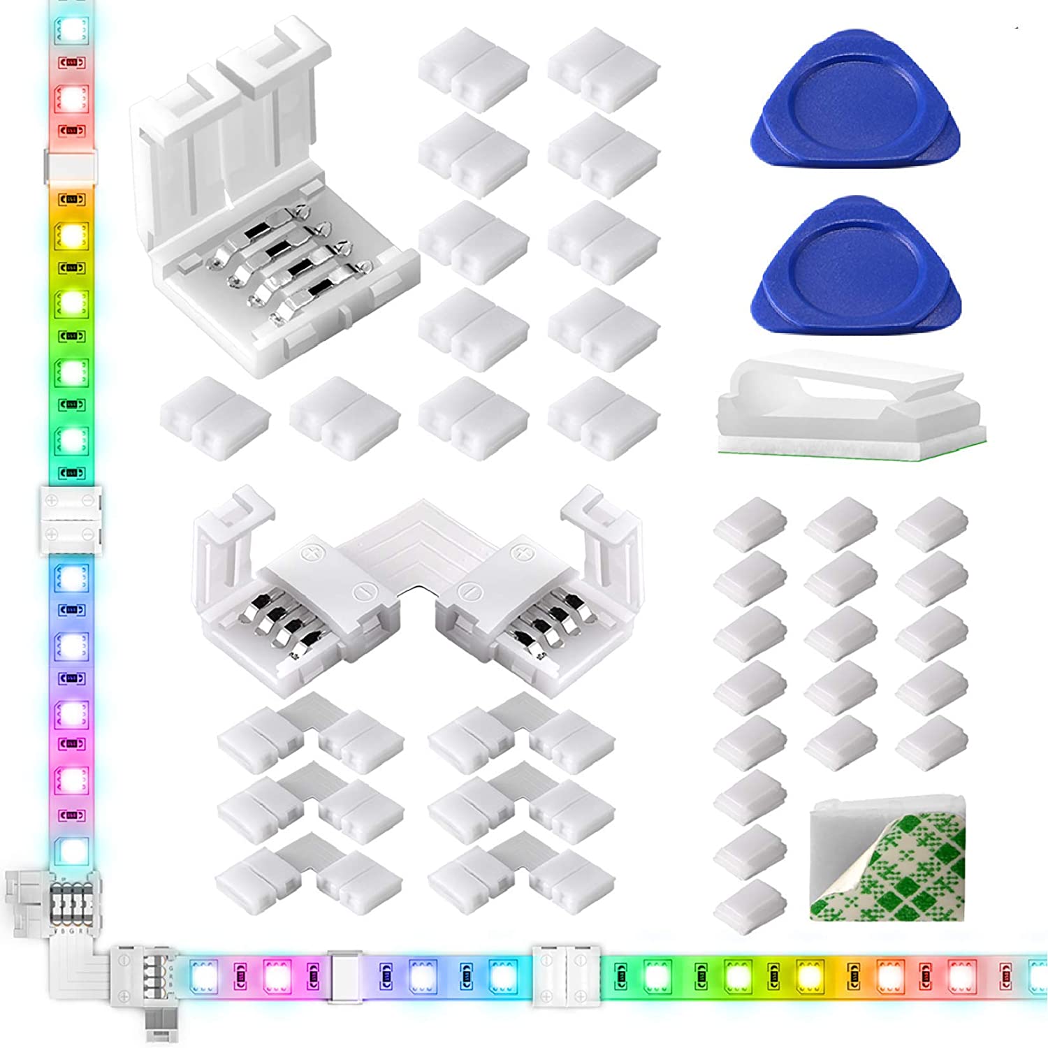 LED Strip Light Connectors 40Packs, 10mm Unwired 4 Pin 5050 RGB LED ...
