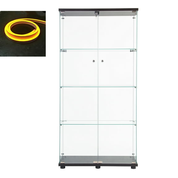 LED Strip Light Two Door Glass Cabinet Glass Display Cabinet with 4 Shelves, Black