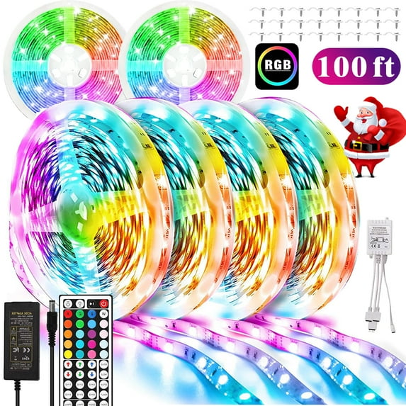 LED Strip Lights 100ft/30m 5050 SMD RGB LED Rope Light with 44 Keys RF Remote Controller Non-Waterproof LED Lighting Strips for Bedroom Ceiling Under Cabinet Party Deco