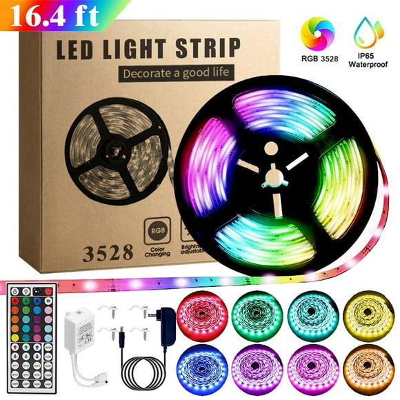 LED Strip Lights, 16.4Ft RGB LED Strips, 3528SMD LED Color Changing Strip Light with 44 Keys Remote Controller and 12V Power Supply, LED Lights for Bedroom, Home, TV Backlight