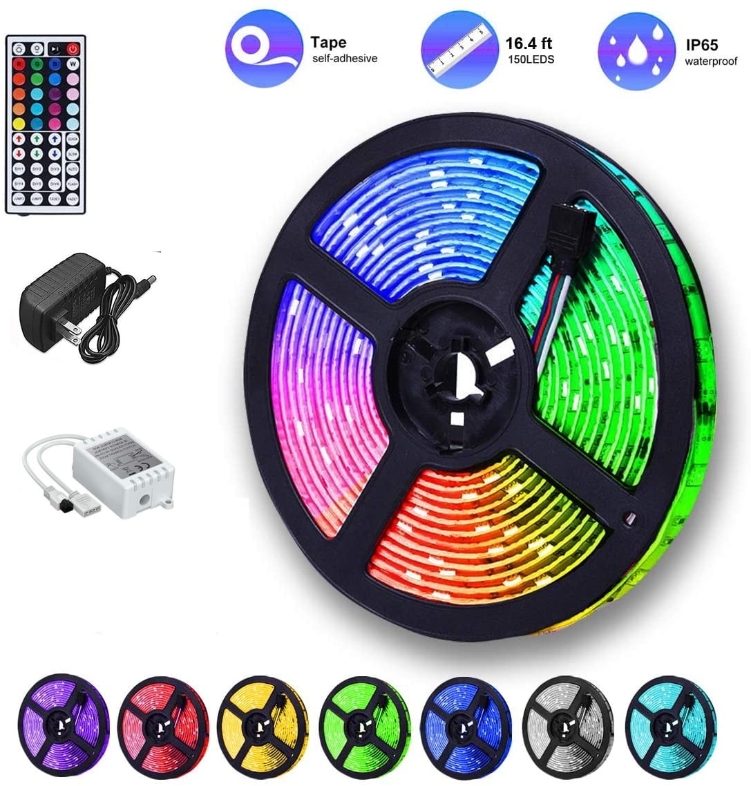 LED Strip Lights 16.4ft/5m RGB Waterproof Flexible Self-Adhesive LED Light Strips for Room Color Changing Neon Mood Rope Lights 150LED 5050 Tape Light Remote 12V for Bedroom Indoor Christmas