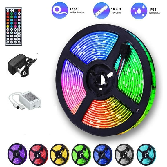 LED Strip Lights 16.4ft/5m RGB Waterproof Flexible Self-Adhesive LED Light Strips for Room Color Changing Neon Mood Rope Lights 150LED 5050 Tape Light Remote 12V for Bedroom Indoor Christmas
