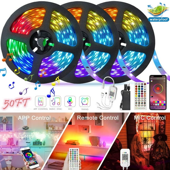 LED Strip Lights 50ft Music Sync Color Changing Smart Led Light Strips with Remote App Control ,5050 RGB Bluetooth Led Lights for Bedroom Home Party Decoration