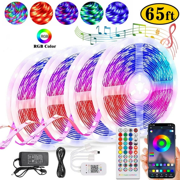 LED Strip Lights 65.6Ft Music Sync Color Changing 5050 RGB LED Strip 44-Key Remote, Sensitive Built-in Mic, App Controlled LED Lights Rope Lights, RGB LED Light Strip