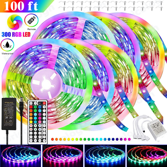 LED Strip Lights, (Discoloration-Multicolor) Led Light Strip, 30m(100ft) SMD 3528, 300 LEDs, with IR Remote Controller for Home, Kitchen, Party, Christmas, DC and 12V