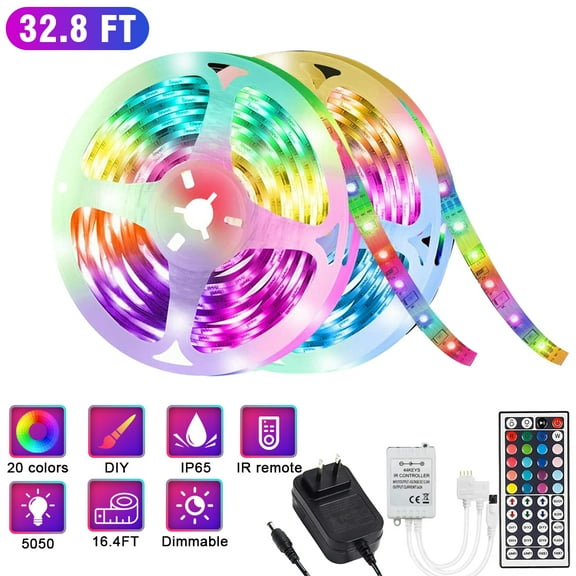 LED Strip Lights, IP65 Waterproof Color Changing LED Strip Self Adhesive Rope Lights with 44 Keys IR Remote and 12V 2A Power Supply