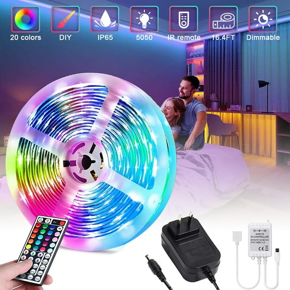 LED Strip Lights Kit,16.4ft/5M 3528 RGB Flexible Waterproof Tape Lights with 24V Power Supply 44Key IR Remote Controller for Home Ceiling Lighting Kitchen BarIndoors,Living Room