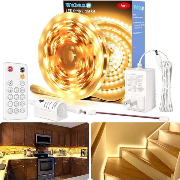LED Strip Lights, Motion Sensor Light with Remote and Adapter, Night Light, Dimmable Function, 16.4ft Tape Lighting for Kitchen, Cabinet, Bedroom, Shelf, Bed, 3000K Warm White
