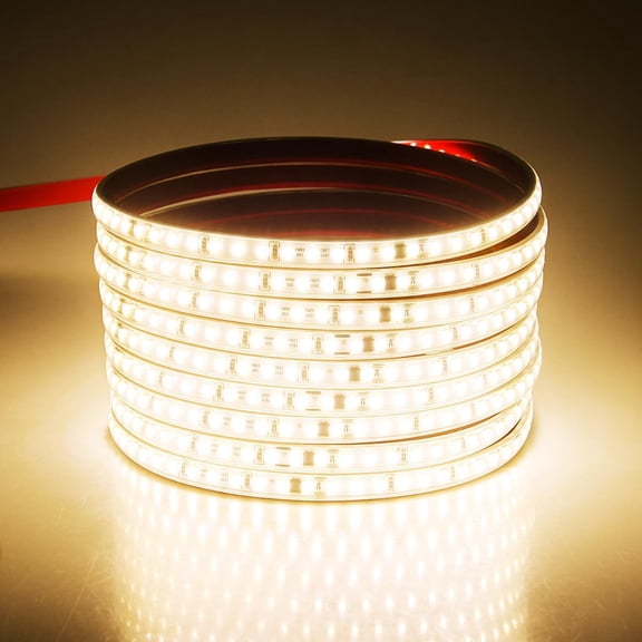 LED Strip Lights Outdoor Waterproof 16.4FT 110V Warm White 3000K | Rope Light Plug in, with Self-Adhesive for Bedroom Outside Garden Patio Indoor Backyards Decor, 120LEDs/m