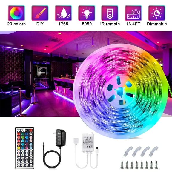 LED Strip Lights, RGB LED Lights Strip Kit 16.4ft SMD 5050 LED Waterproof Flexible Color Changing Led Lights with 44 Keys Remote for Bedroom Ceiling Bar Counter Cabinet
