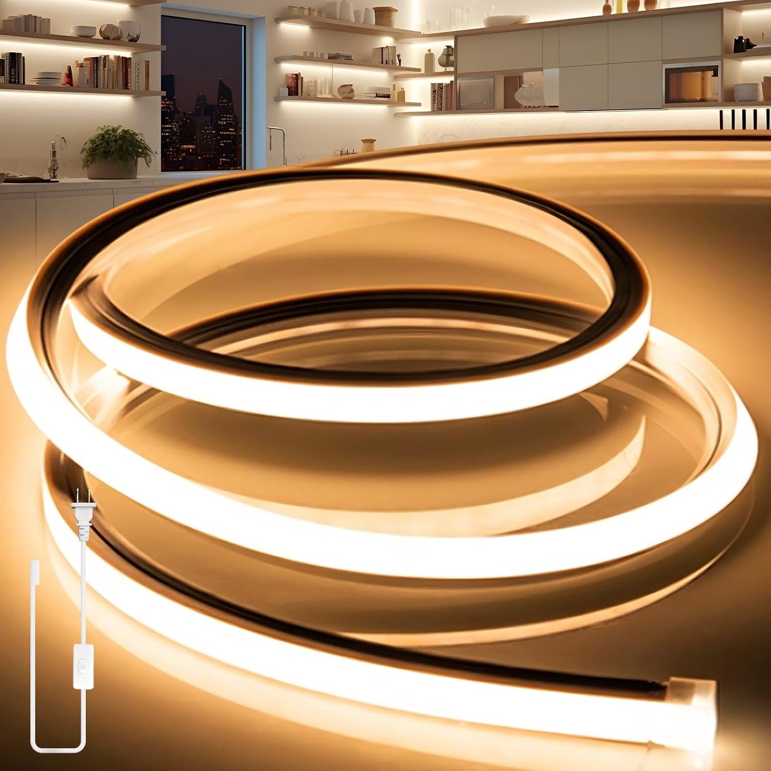 LED Strip Lights Warm White 3000K,9.8ft 110-120V Neon Rope Lights ...