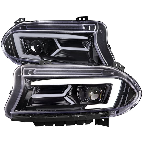LED Strip Projector Headlights w/ LED Sequential Turn Signal (Glossy black Housing/Clear Lens) Made for and Compatible with 2015-2023 Dodge Charger
