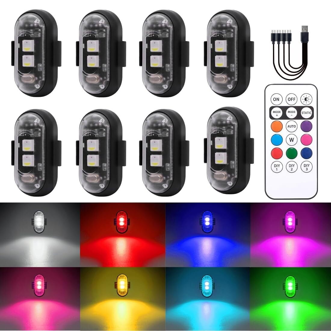 Mineup 4 Luci Stroboscopiche LED Per Drone – 8 Colori, 10 Modalità, Ricarica USB, IP65, Con Telecomando