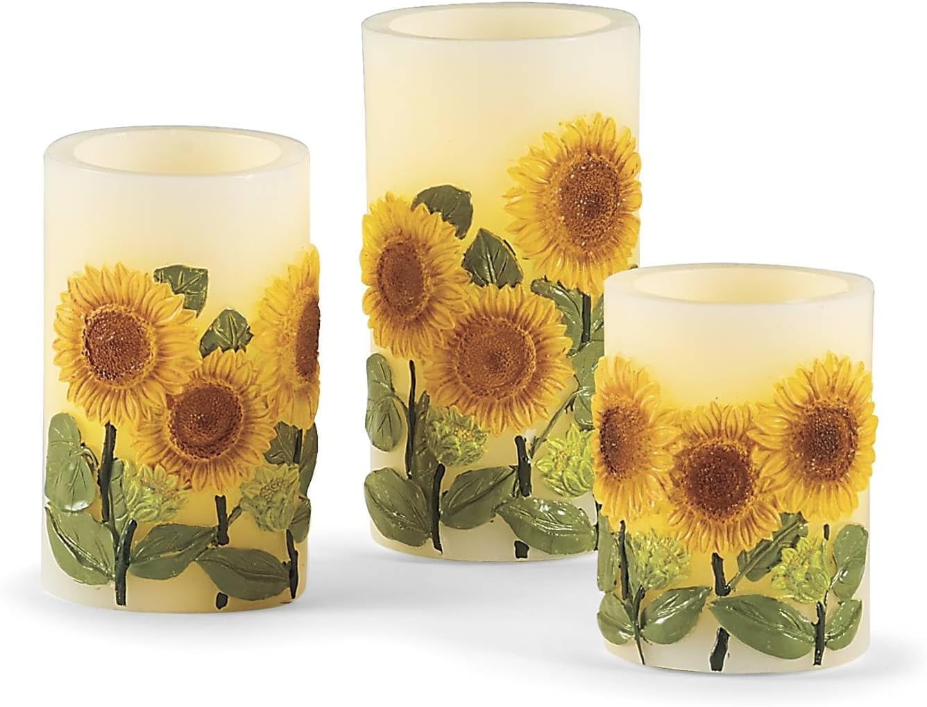 LED Sunflower Candles Set Of 3 Flameless Real Wax Pillar Candles