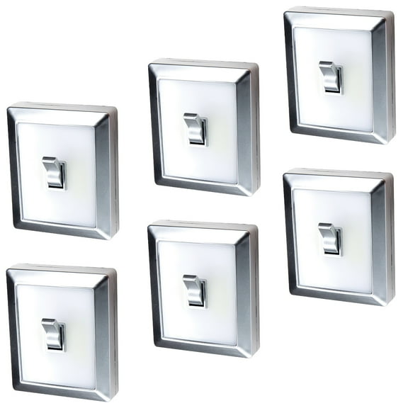 LED Switch Light, 100 Lumen Cordless Battery Operated LED Night Light for Under Cabinet Wardrobe Shelf Closet Kitchen Stariwell, Brushed Nickle Pack of 6