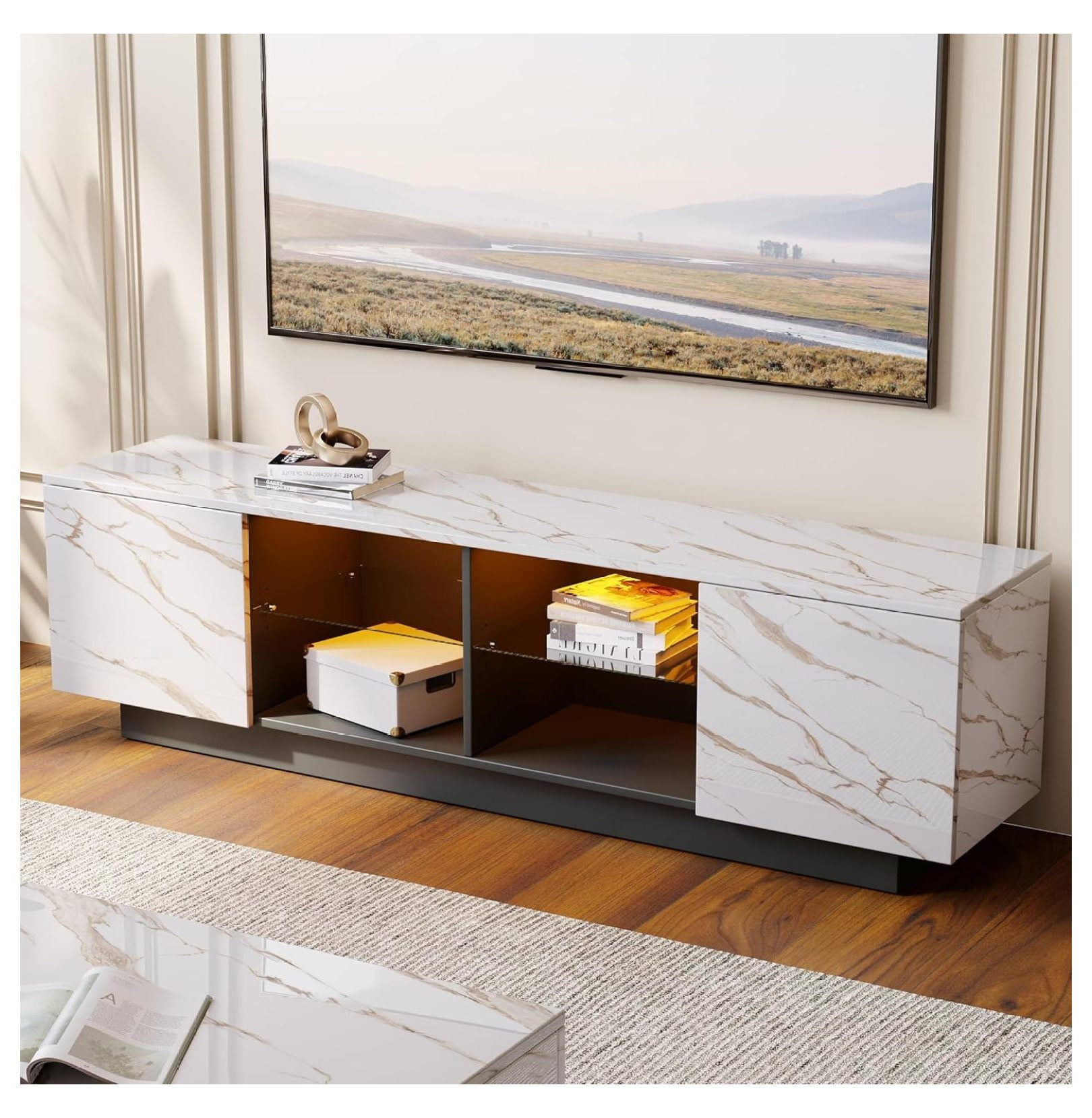 LED TV Stand for 50/55/60/65 inch TV, Modern Marble Wood Television