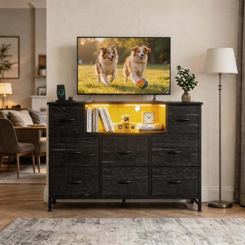 LED TV Stand for 50/55 inch TV, Dresser with 8 Fabric Drawers, Entertainment Center with Open Storage Shelves & Power Outlet, Tall Storage Chest for Bedroom, Living Room, Black Wood