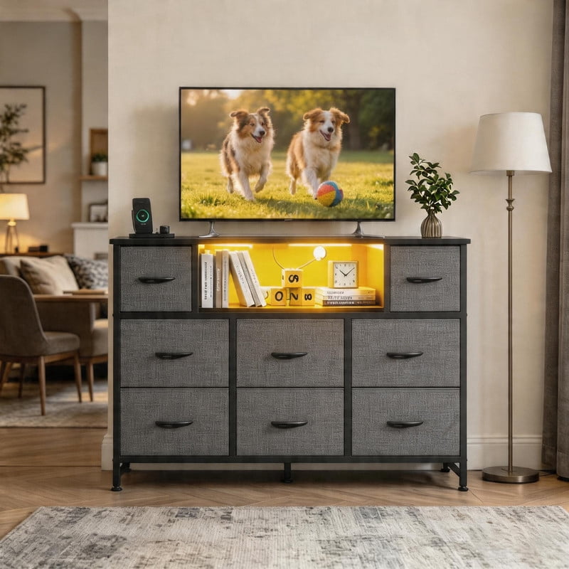 LED TV Stand for 50/55 inch TV, Dresser with 8 Fabric Drawers, Entertainment Center with Open Storage Shelves & Power Outlet, Tall Storage Chest for Bedroom, Living Room, Gray