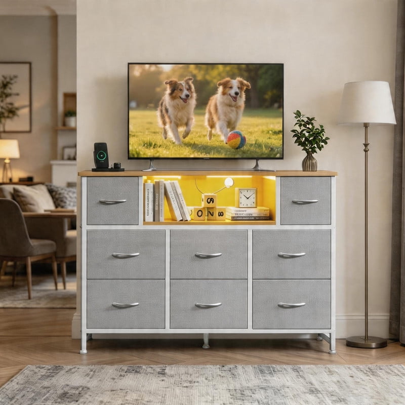 LED TV Stand for 50/55 inch TV, Dresser with 8 Fabric Drawers, Entertainment Center with Open Storage Shelves & Power Outlet, Tall Storage Chest for Bedroom, Living Room, Light Gray
