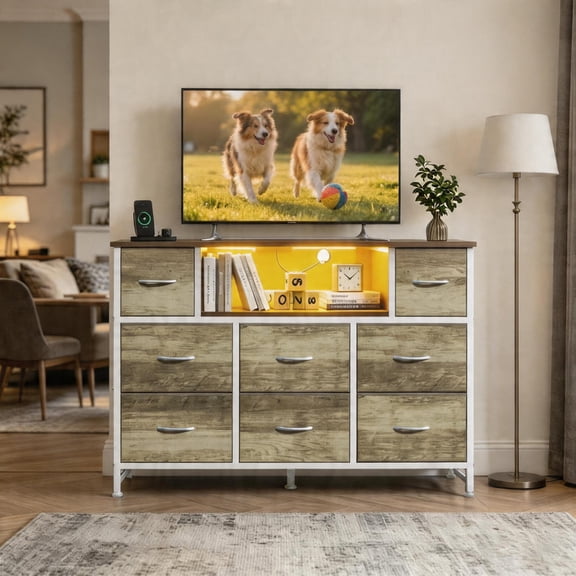 LED TV Stand for 50/55 inch TV, Dresser with 8 Fabric Drawers, Entertainment Center with Open Storage Shelves & Power Outlet, Tall Storage Chest for Bedroom, Living Room, Smook ash