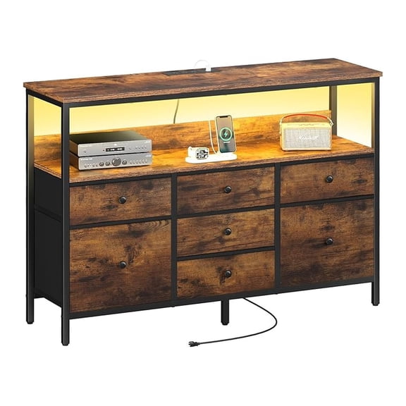 LED TV Stand 50 Inch, Bedroom Dresser with Power Outlets & 7 Drawers, Entertainment Center with Storage, Living Room Console