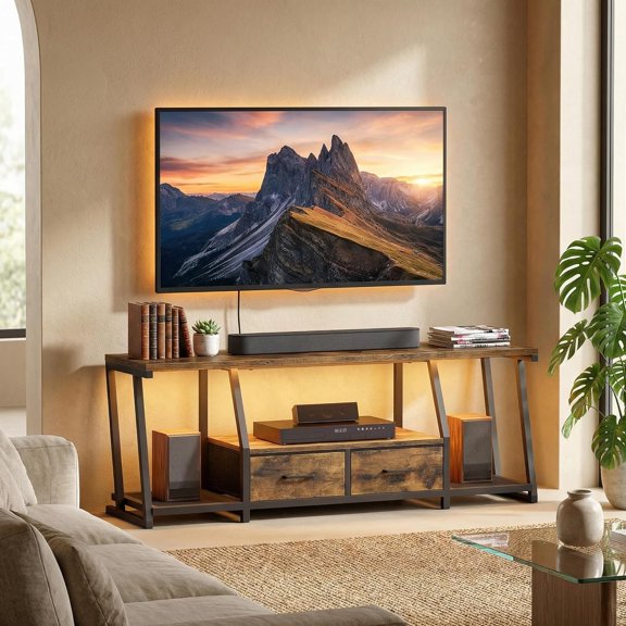 LED TV Stand for 55 65 Inch TV, Entertainment Center with Open Shelves and Power Outlets, TV Console Table with Fabric Drawers, Media Console for Living Room, Bedroom, Rustic Brown and Black