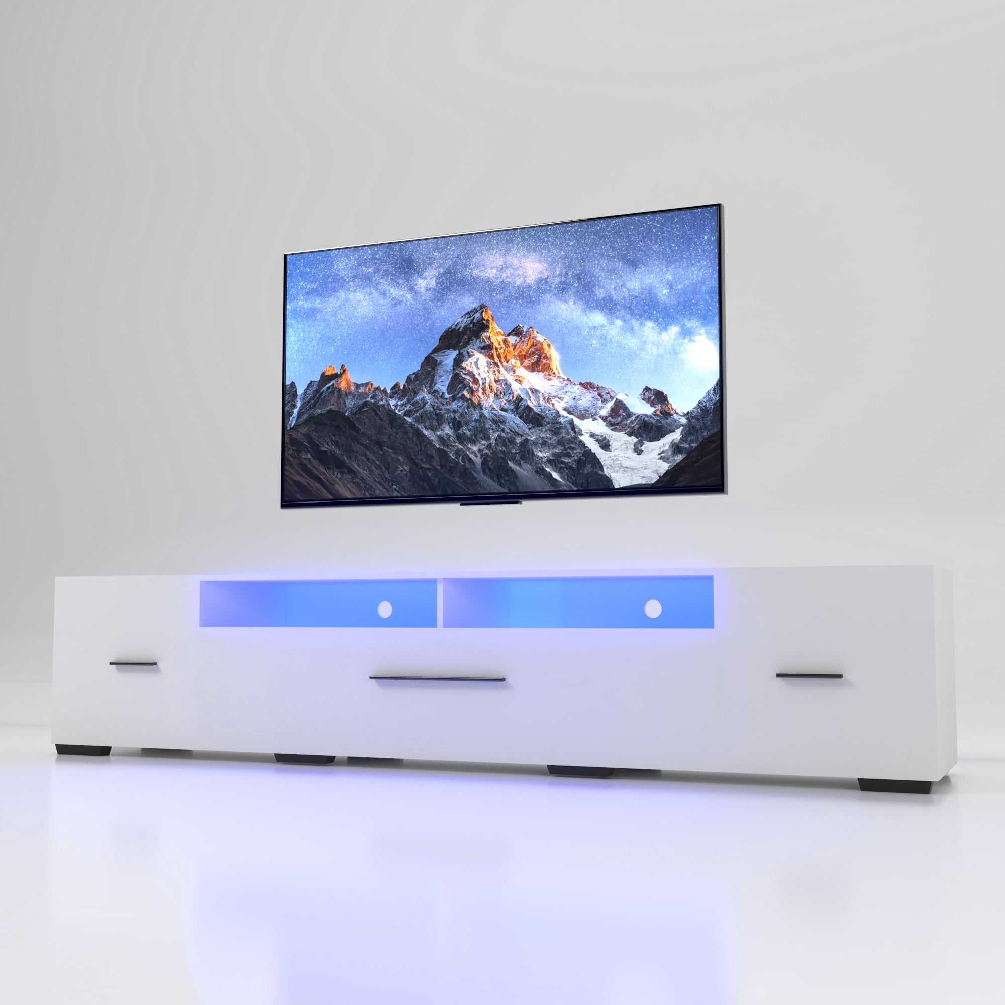 LED TV Stand for 55-80 Inch TV, Modern Entertainment Center Equipped with Power Outlet, 60 70 80 Inch Wood Grain Surface TV Console for Homes & Apartments, White