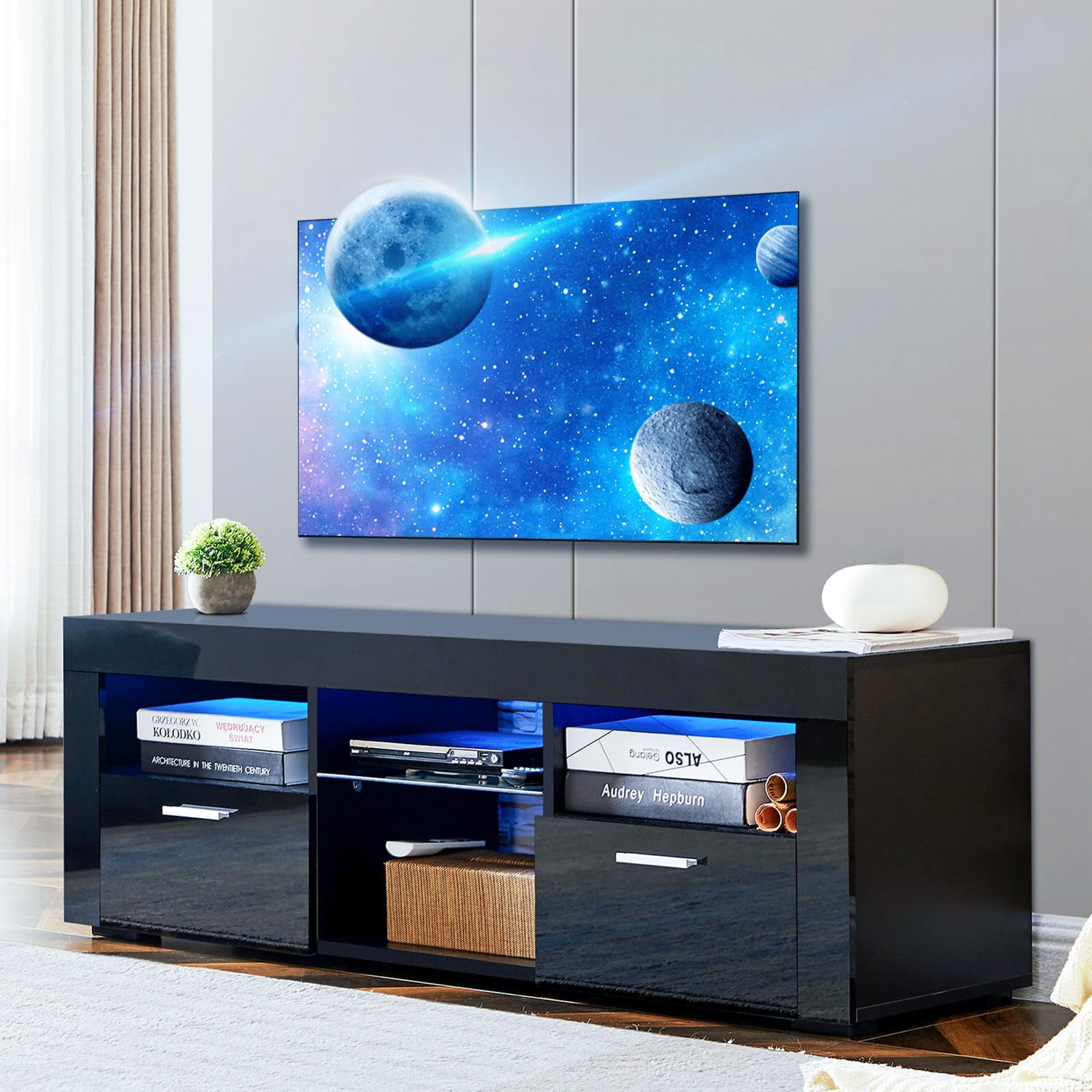 LED TV Stand for 55 inch TV, Modern Entertainment Center with LED Lights, High Gloss Media TV